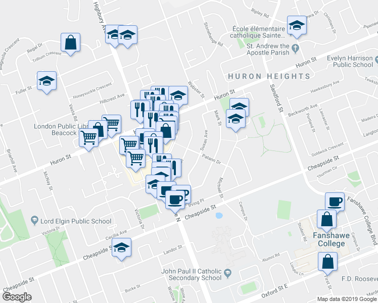 map of restaurants, bars, coffee shops, grocery stores, and more near 50 Godfrey Drive in London