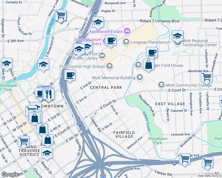 map of restaurants, bars, coffee shops, grocery stores, and more near 924 Eddy Street in Flint