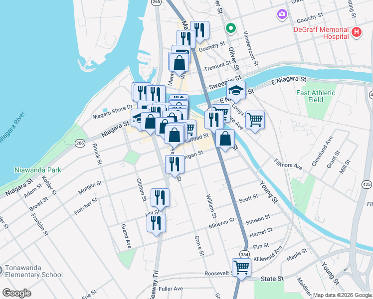 map of restaurants, bars, coffee shops, grocery stores, and more near 65 Broad St in Tonawanda