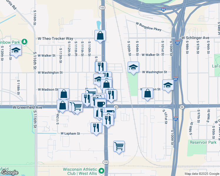 map of restaurants, bars, coffee shops, grocery stores, and more near 1228 South 107th Street in West Allis