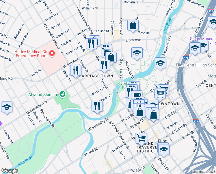 map of restaurants, bars, coffee shops, grocery stores, and more near 221 West 1st Avenue in Flint
