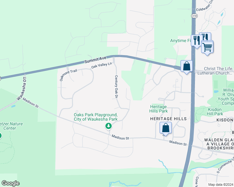 map of restaurants, bars, coffee shops, grocery stores, and more near 415 Century Oak Drive in Waukesha
