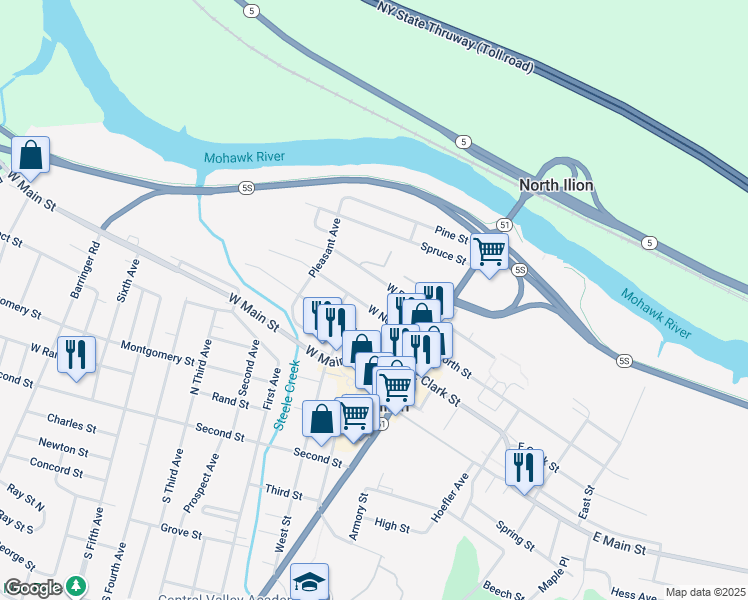map of restaurants, bars, coffee shops, grocery stores, and more near 53 West River Street in Ilion