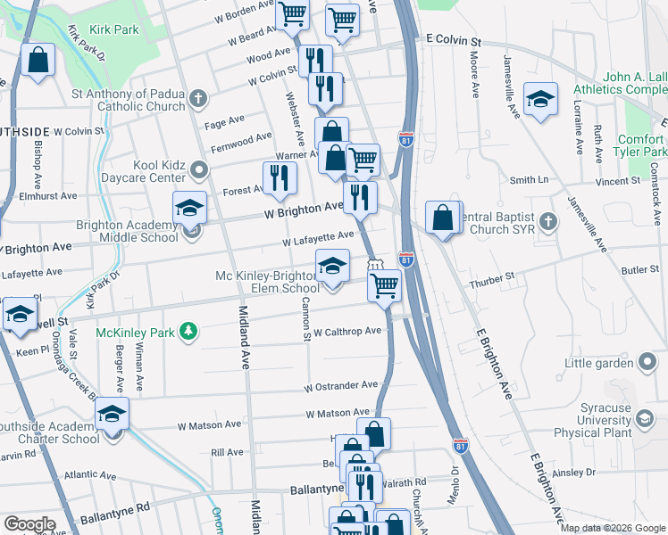 map of restaurants, bars, coffee shops, grocery stores, and more near 159-61 West Corning Avenue in Syracuse