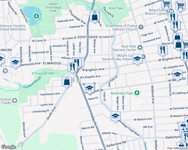 map of restaurants, bars, coffee shops, grocery stores, and more near 422 Bishop Avenue in Syracuse