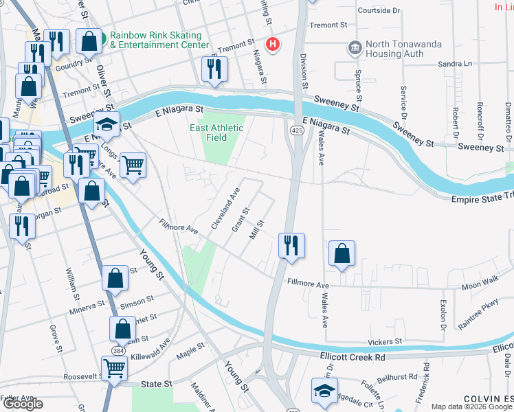 map of restaurants, bars, coffee shops, grocery stores, and more near 90 Grant Street in Tonawanda
