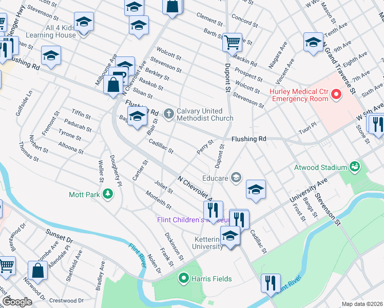 map of restaurants, bars, coffee shops, grocery stores, and more near 2006 Cadillac Street in Flint