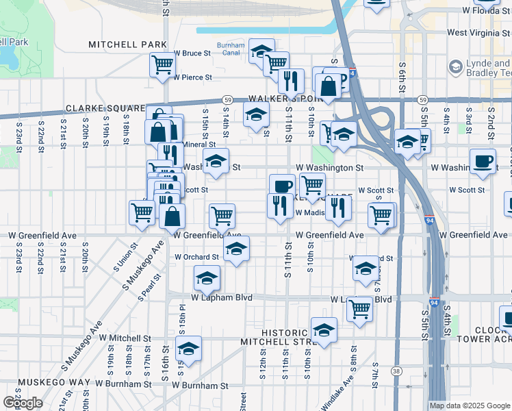 map of restaurants, bars, coffee shops, grocery stores, and more near 1227 South 12th Street in Milwaukee