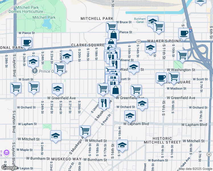 map of restaurants, bars, coffee shops, grocery stores, and more near 1221 South 17th Street in Milwaukee