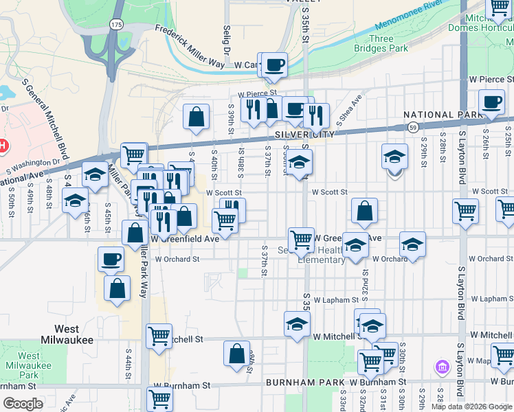 map of restaurants, bars, coffee shops, grocery stores, and more near 1220 South 37th Street in Milwaukee