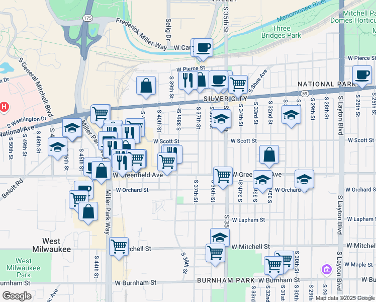 map of restaurants, bars, coffee shops, grocery stores, and more near 3744 West Dorothy Place in Milwaukee