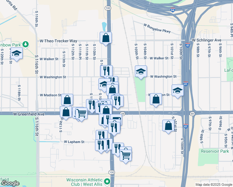 map of restaurants, bars, coffee shops, grocery stores, and more near 1228 South 107th Street in West Allis