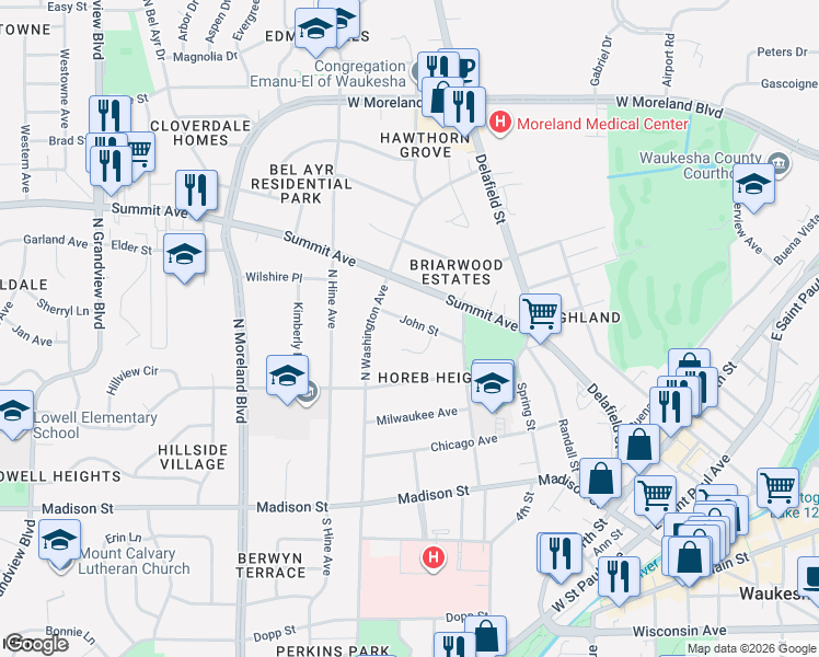 map of restaurants, bars, coffee shops, grocery stores, and more near 806 John Street in Waukesha