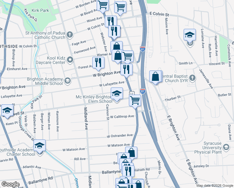 map of restaurants, bars, coffee shops, grocery stores, and more near 159-61 West Corning Avenue in Syracuse