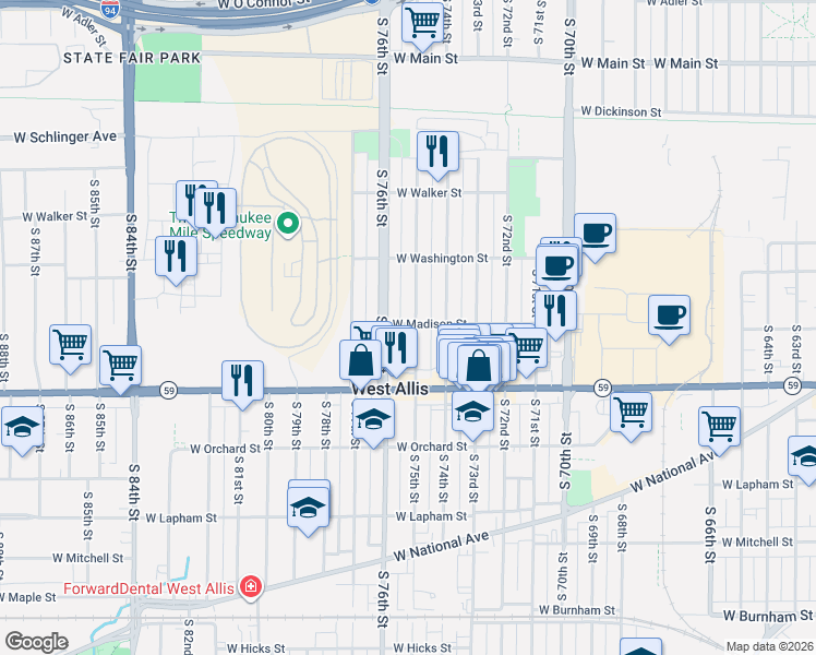 map of restaurants, bars, coffee shops, grocery stores, and more near 1301 South 75th Street in West Allis