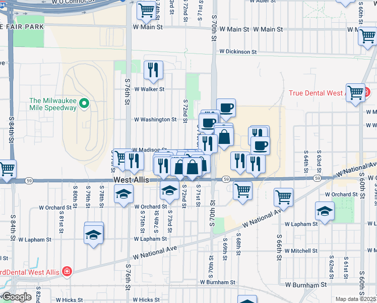 map of restaurants, bars, coffee shops, grocery stores, and more near 1300 South 72nd Street in West Allis