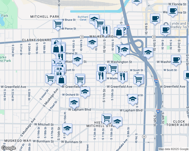 map of restaurants, bars, coffee shops, grocery stores, and more near 1227 South 12th Street in Milwaukee