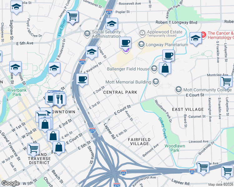 map of restaurants, bars, coffee shops, grocery stores, and more near 715 Avon Street in Flint
