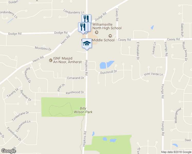 map of restaurants, bars, coffee shops, grocery stores, and more near 18 Carleton Court in Buffalo