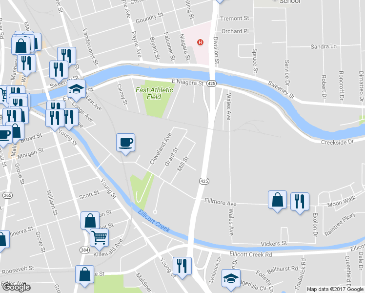 map of restaurants, bars, coffee shops, grocery stores, and more near 90 Grant Street in Tonawanda