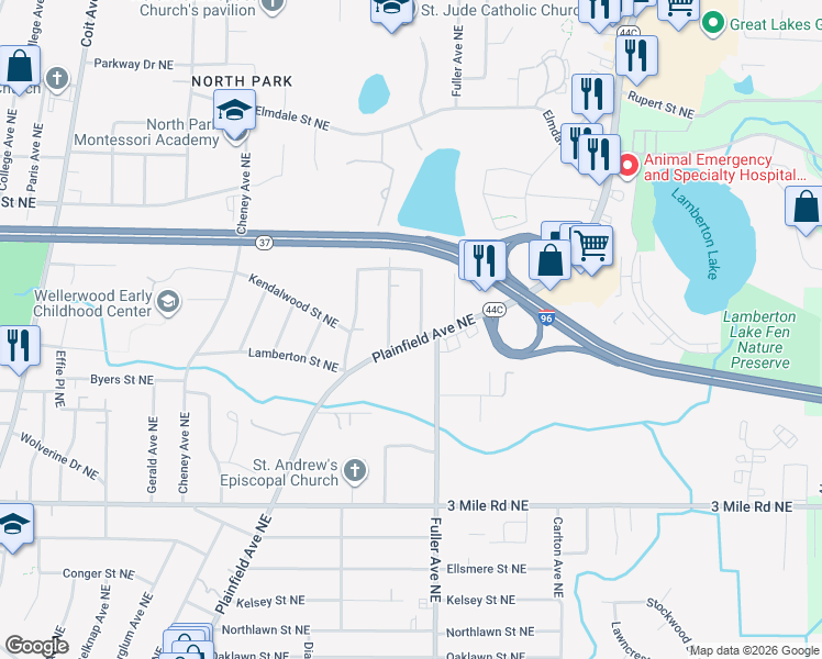 map of restaurants, bars, coffee shops, grocery stores, and more near 3073 Plainfield Avenue Northeast in Grand Rapids