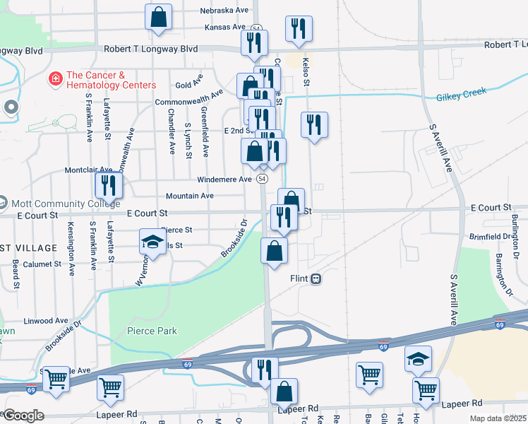 map of restaurants, bars, coffee shops, grocery stores, and more near South Dort Highway & East Court Street in Flint