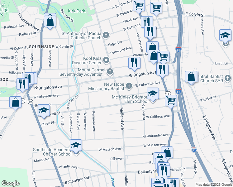map of restaurants, bars, coffee shops, grocery stores, and more near 2118 Midland Avenue in Syracuse