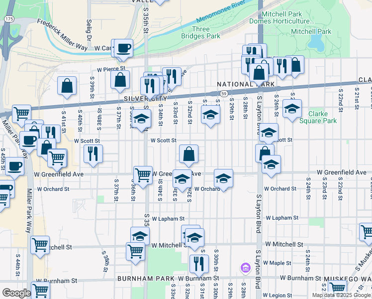 map of restaurants, bars, coffee shops, grocery stores, and more near 1225 South 32nd Street in Milwaukee