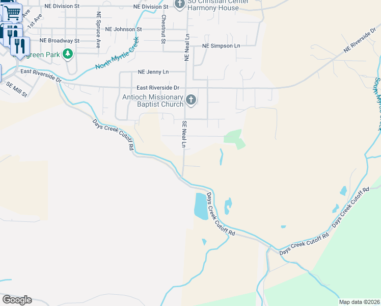 map of restaurants, bars, coffee shops, grocery stores, and more near 175 Southeast Callaham Court in Myrtle Creek