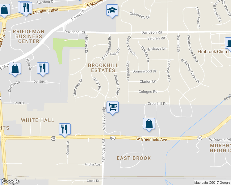 map of restaurants, bars, coffee shops, grocery stores, and more near 1275 Pioneer Trail in Waukesha
