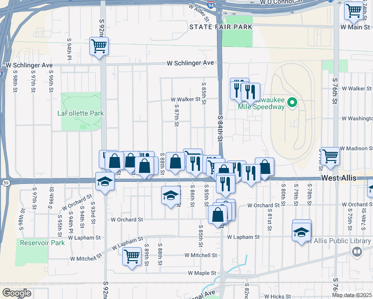 map of restaurants, bars, coffee shops, grocery stores, and more near 1229 South 86th Street in West Allis