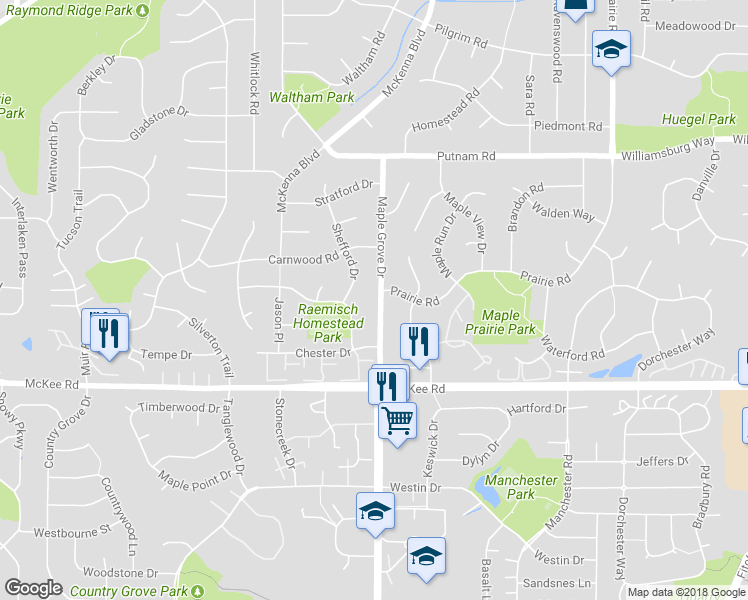 map of restaurants, bars, coffee shops, grocery stores, and more near 3030 Maple Grove Drive in Madison