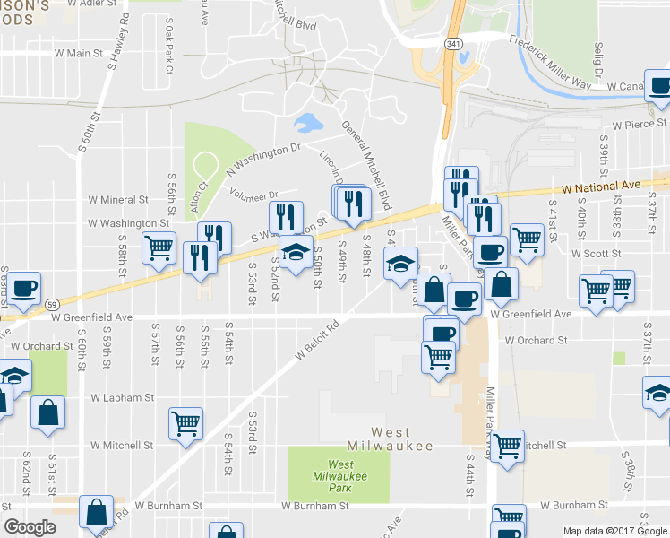 map of restaurants, bars, coffee shops, grocery stores, and more near 1217 South 49th Street in West Milwaukee