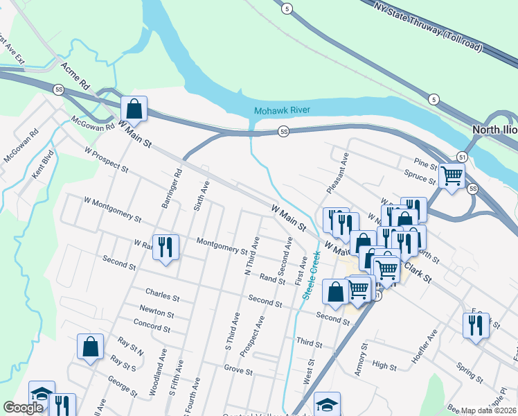 map of restaurants, bars, coffee shops, grocery stores, and more near 215-217 West Main Street in Ilion