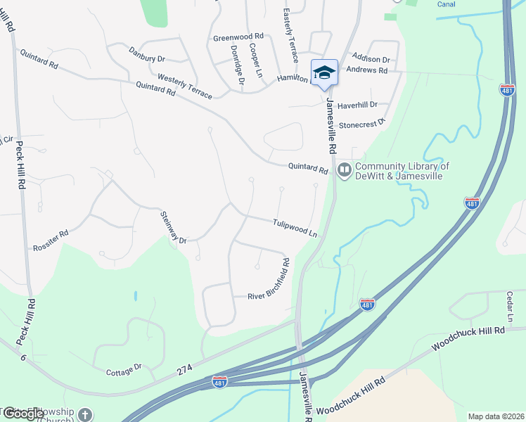 map of restaurants, bars, coffee shops, grocery stores, and more near 6416 Tulipwood Ln in Jamesville