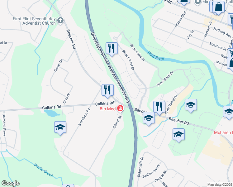map of restaurants, bars, coffee shops, grocery stores, and more near 3536 Beecher Road in Flint
