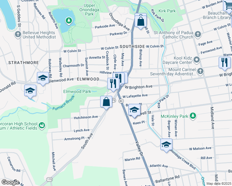 map of restaurants, bars, coffee shops, grocery stores, and more near 101 Glenwood Avenue in Syracuse