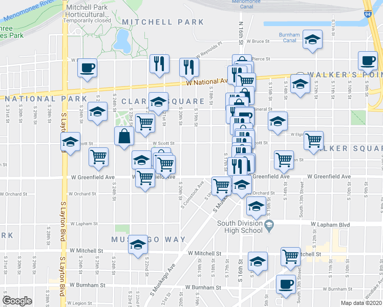 map of restaurants, bars, coffee shops, grocery stores, and more near 1227 South 19th Street in Milwaukee