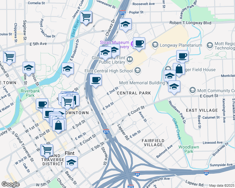 map of restaurants, bars, coffee shops, grocery stores, and more near Thomson Street in Flint