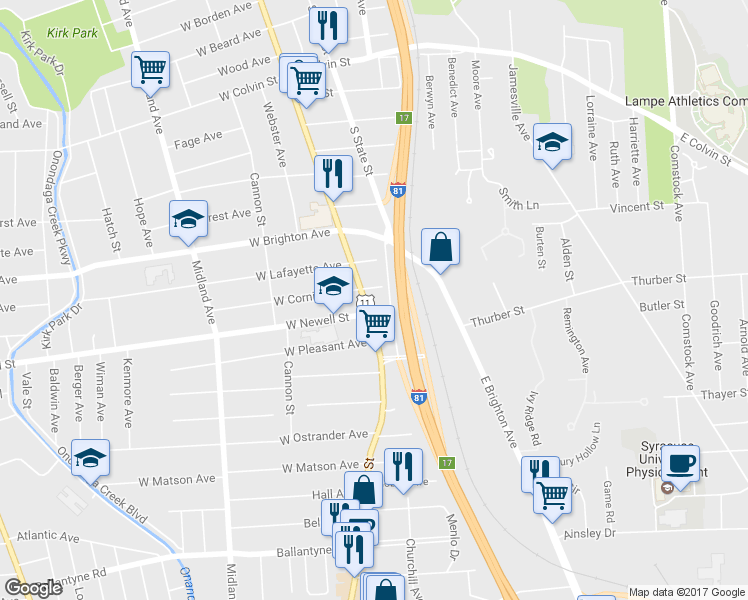 map of restaurants, bars, coffee shops, grocery stores, and more near 3017 South Salina Street in Syracuse