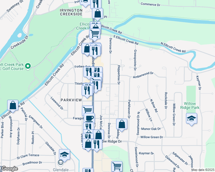 map of restaurants, bars, coffee shops, grocery stores, and more near 216 Denrose Drive in Buffalo