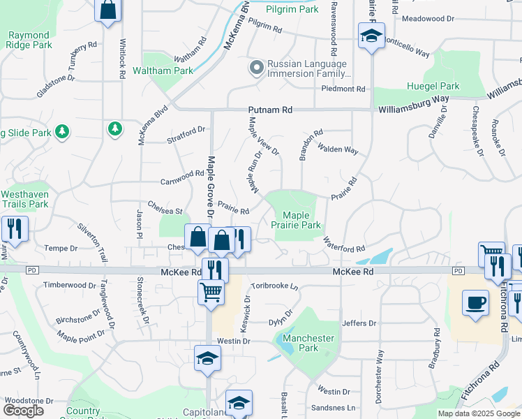 map of restaurants, bars, coffee shops, grocery stores, and more near 3229 Prairie Road in Madison