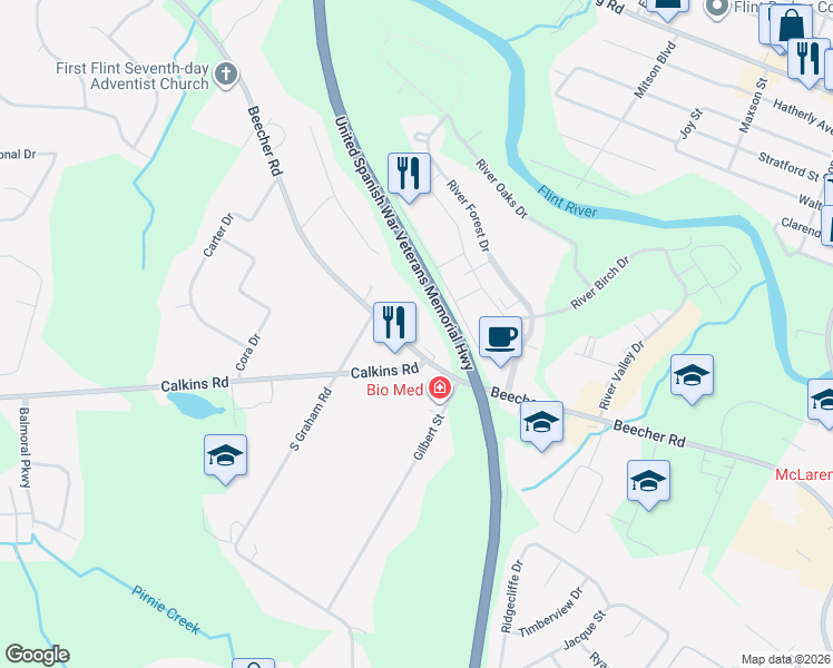 map of restaurants, bars, coffee shops, grocery stores, and more near 3536 Beecher Road in Flint