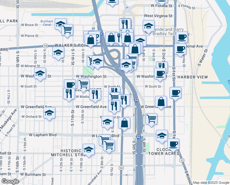 map of restaurants, bars, coffee shops, grocery stores, and more near 1228 South 7th Street in Milwaukee