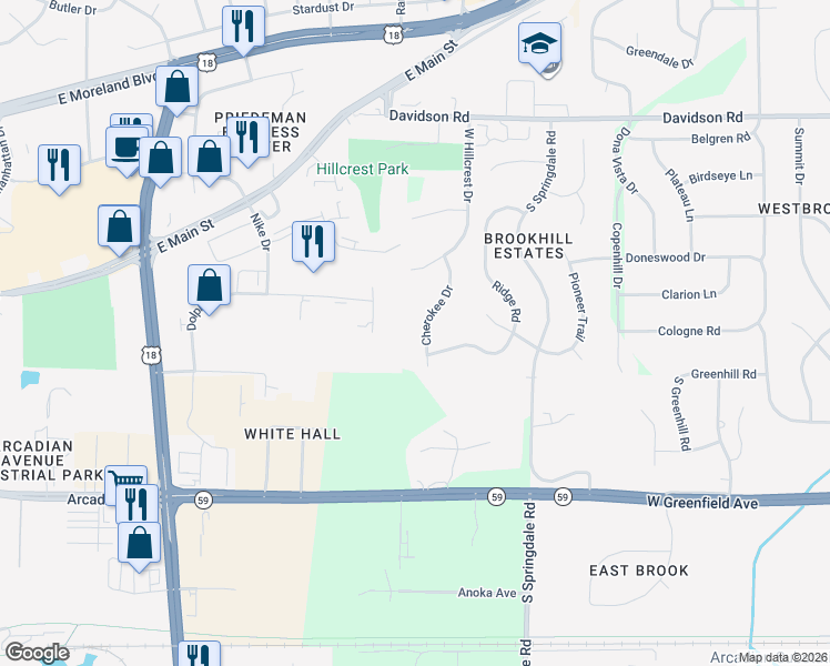 map of restaurants, bars, coffee shops, grocery stores, and more near 1291 Cherokee Drive in Waukesha