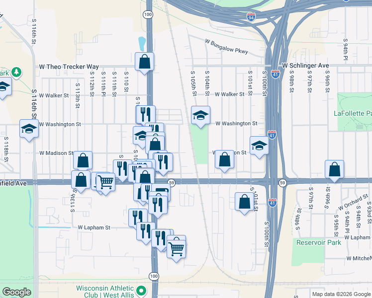 map of restaurants, bars, coffee shops, grocery stores, and more near 10530 West Madison Street in West Allis