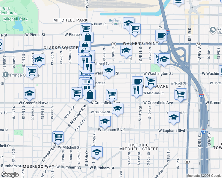 map of restaurants, bars, coffee shops, grocery stores, and more near 1414 A West Madison Street in Milwaukee