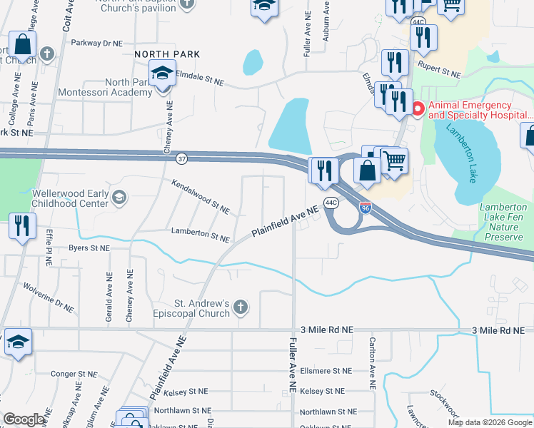 map of restaurants, bars, coffee shops, grocery stores, and more near 3054 Rickman Avenue Northeast in Grand Rapids