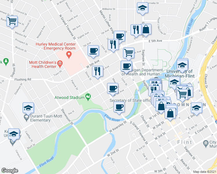 map of restaurants, bars, coffee shops, grocery stores, and more near 428 West 2nd Avenue in Flint