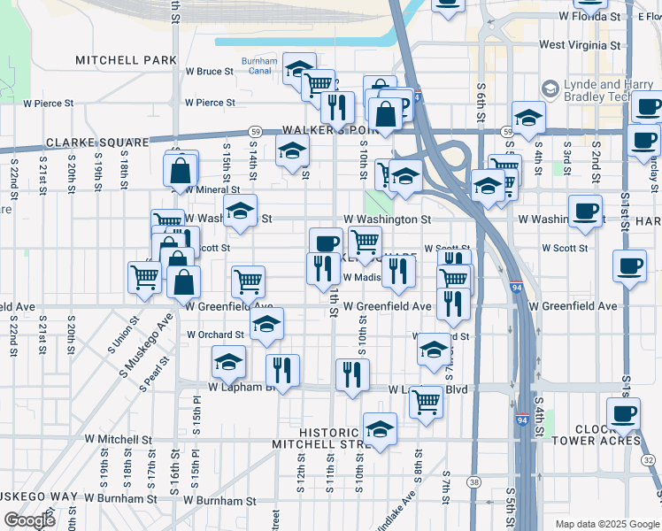 map of restaurants, bars, coffee shops, grocery stores, and more near 1225 South 11th Street in Milwaukee